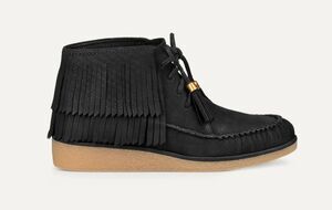 UGG Caleb Black Fringe Nubuck Slip on Leather Booties Boho Moccasins Size 8